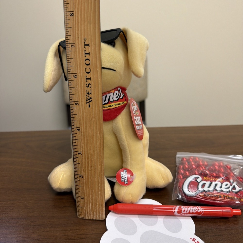 Raising Cane's Plush Dog Cane Mascot + Swag Lot Beads Pen Notepad Promo‎ Set - Picture 2 of 2